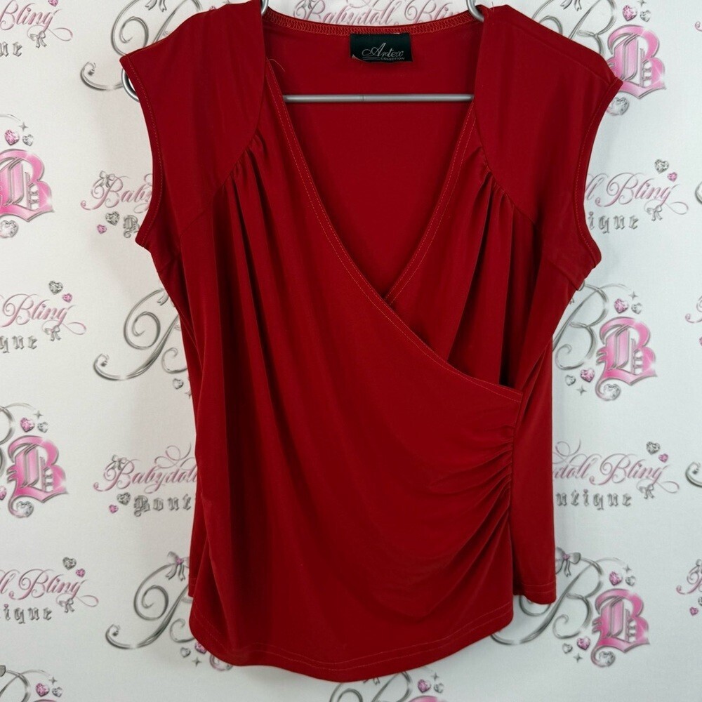 Artex top blouse stretchy bright red draped design pattern Y2K